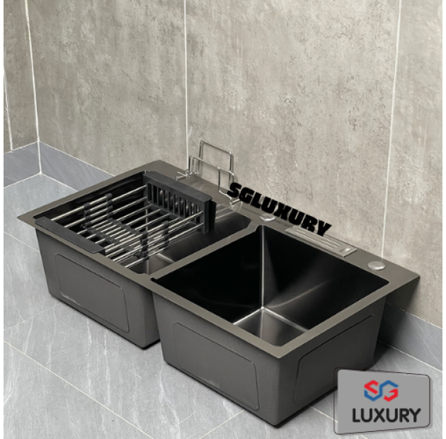 Chậu Rửa Chén 2 Hộc - Xám Đen Nhám - 82x45x23 LUSENTER (BRC04)