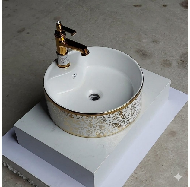 Lavabo Tròn Họa Tiết  Lá Viền Vàng LUSENTER (LB23)