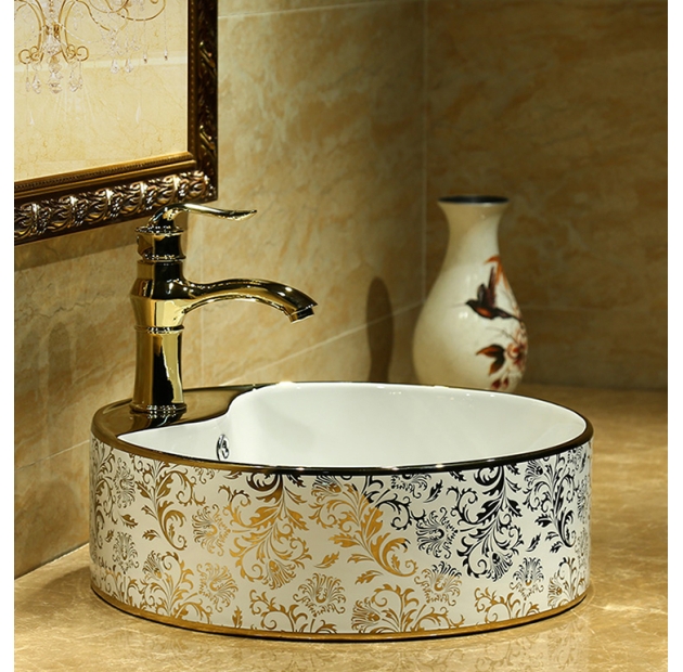 Lavabo Tròn Họa Tiết  Lá Viền Vàng LUSENTER (LB23)