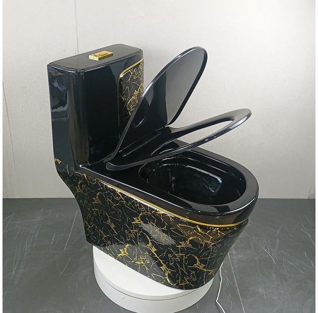 Bồn Cầu 1 Khối Đen Vân đá + Sọc Vàng LUSENTER (BCMK38)