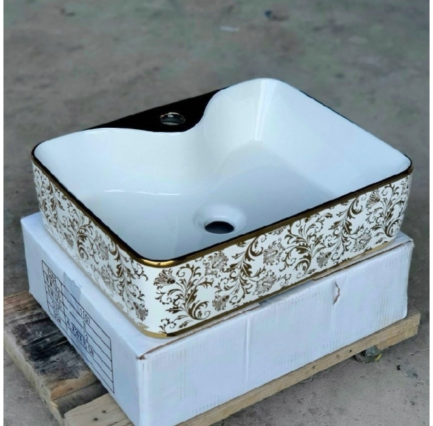 Lavabo Đặt Bàn Chữ Nhật Họa Tiết Lá Viền Vàng LUSENTER (LB24)