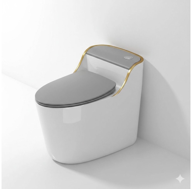 Bồn Cầu Một Khối Trắng Viền Vàng Năp Xám LUSENTER (BCMK33)