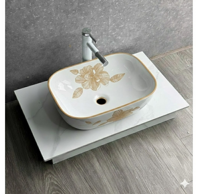 Lavabo Bầu Viền Vàng Họa Tiết Hoa (LB72)
