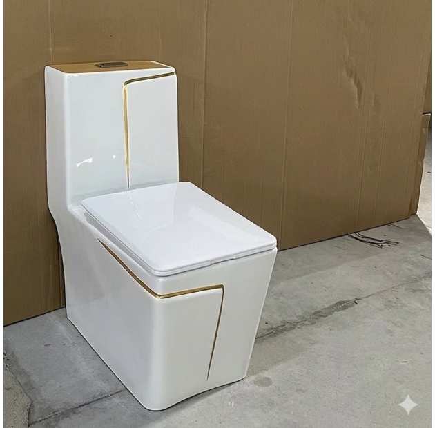 Bồn Cầu 1 Khối Trắng Viền Vàng Vuông (BCMK66)