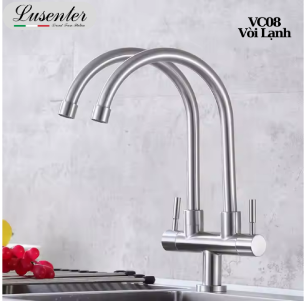 Vòi Chén Lạnh 2 Đầu Inox 304 LUSENTER (VC08)