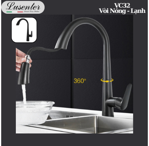 Vòi Chén Dây Rút Ẩn Sơn Tĩnh Điện Đen LUSENTER (VC32)