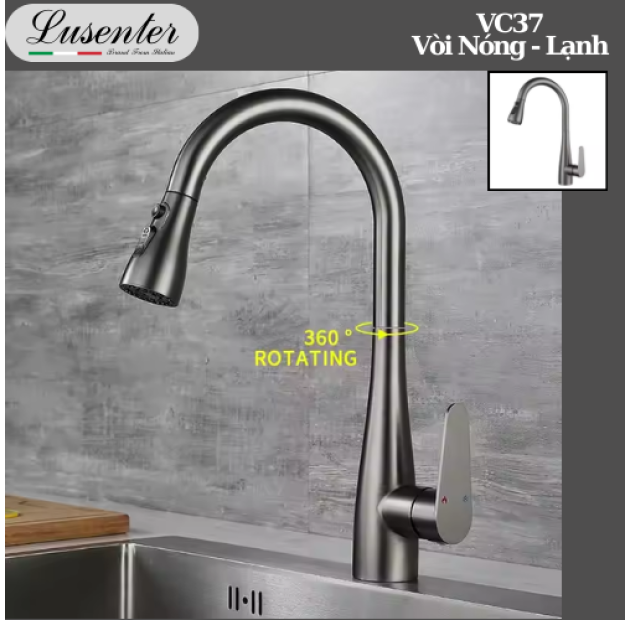 Vòi Chén Dây Rút Đồng Thau Sơn Tĩnh Điện Tròn Xám LUSENTER (VC37)