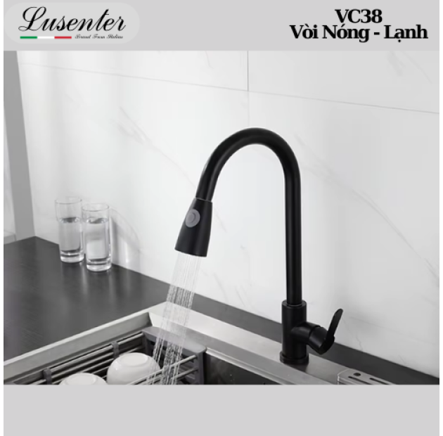 Vòi Chén Dây Rút Sơn Tĩnh Điện Đen Tròn Loe LUSENTER (VC38)