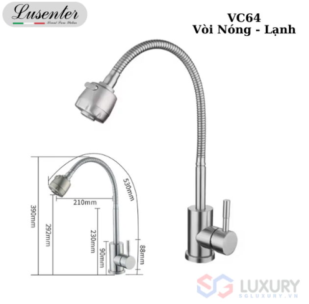 Vòi chén nóng lạnh cần dẻo, đầu vòi tăng áp (VC64)