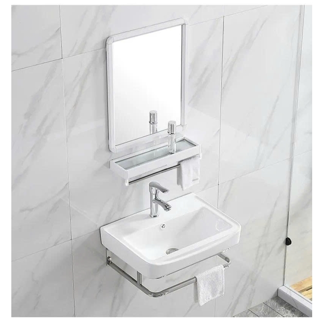 combo 5 món. lavabo + kệ inox +vòi lavabo +gương + kệ bộ xã 
