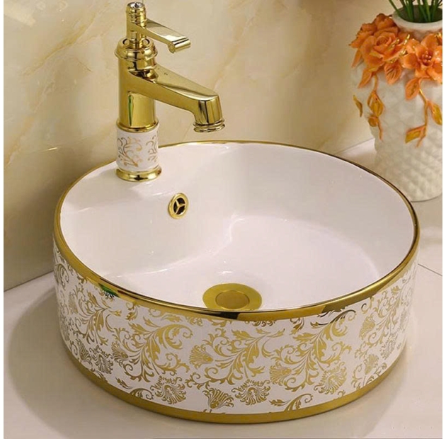 Lavabo Tròn Họa Tiết  Lá Viền Vàng LUSENTER (LB23)