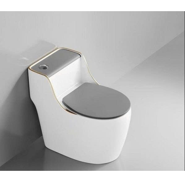 Bồn Cầu Một Khối Trắng Viền Vàng Năp Xám LUSENTER (BCMK33)