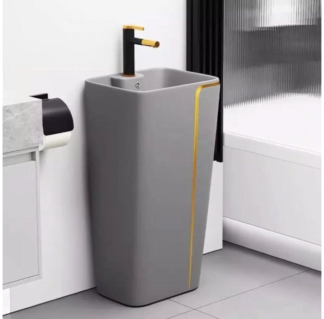 Lavabo Trụ Đứng Liền Khối Xám Viền Vàng LUSENTER (LBT05)
