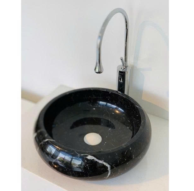 Lavabo Đá Tròn Mỏng Phình Thân Đen Ý BST23 (LBD08)