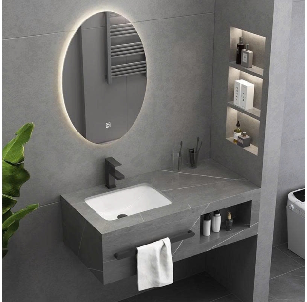 Bàn Đá Kỷ Nguyên Vân Xám 80X50 + Vòi + Gương LUSENTER (BD13)