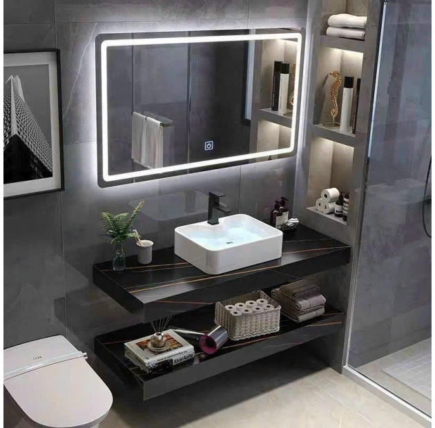 Bàn Đá Lavabo 2 Tầng Vân Đen + Vòi + Gương Led (BD05)