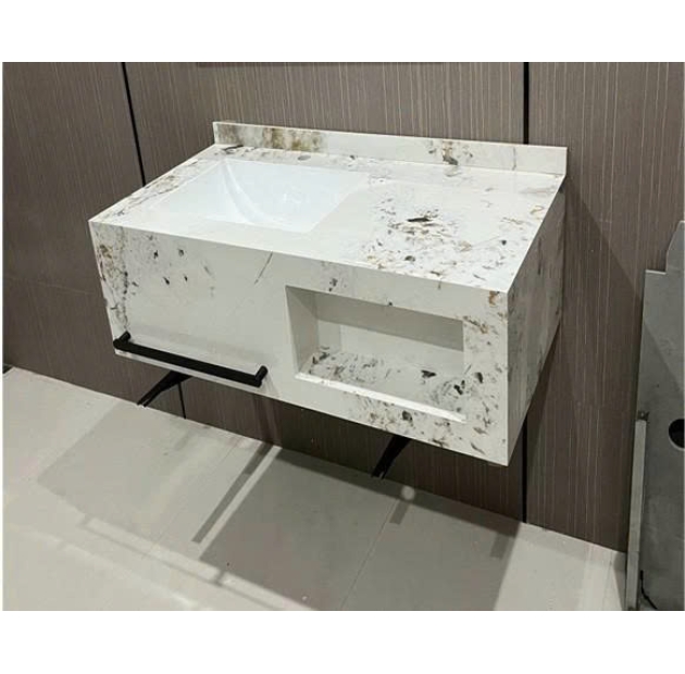 Bàn Đá Kỷ Nguyên 1 Khối Vân Đá Trắng + Vòi + Gương 100x50 (BD14)