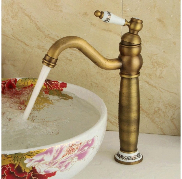Vòi Lavabo Nóng Lạnh Vàng Đồng Họa Tiết Hoa Dương Bàn Cao 20cm & 30cm (VLB116)