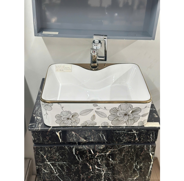 Lavabo Chữ Nhật Viền Vàng Họa Tiết Bông Hoa (LB73)